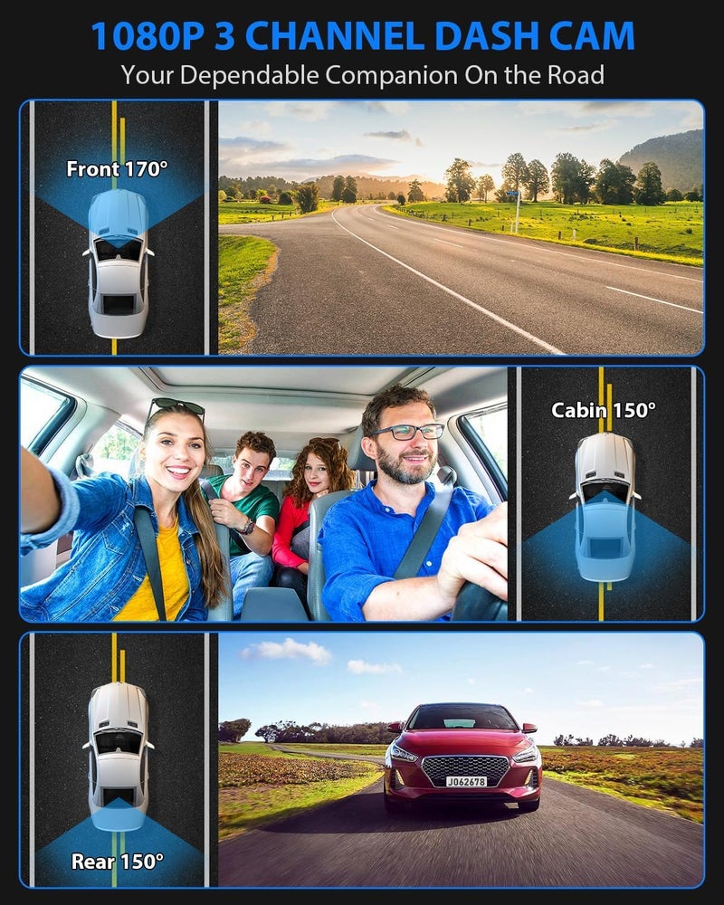 SUVCON Dash Cam Front and Rear, 1080P Dash Camera for Cars, 3 Channel Car Camera Front Rear and Inside with 32GB Card, Loop Recording, Night Vision, HDR, 24Hr Parking, G-Sensor - Image 2